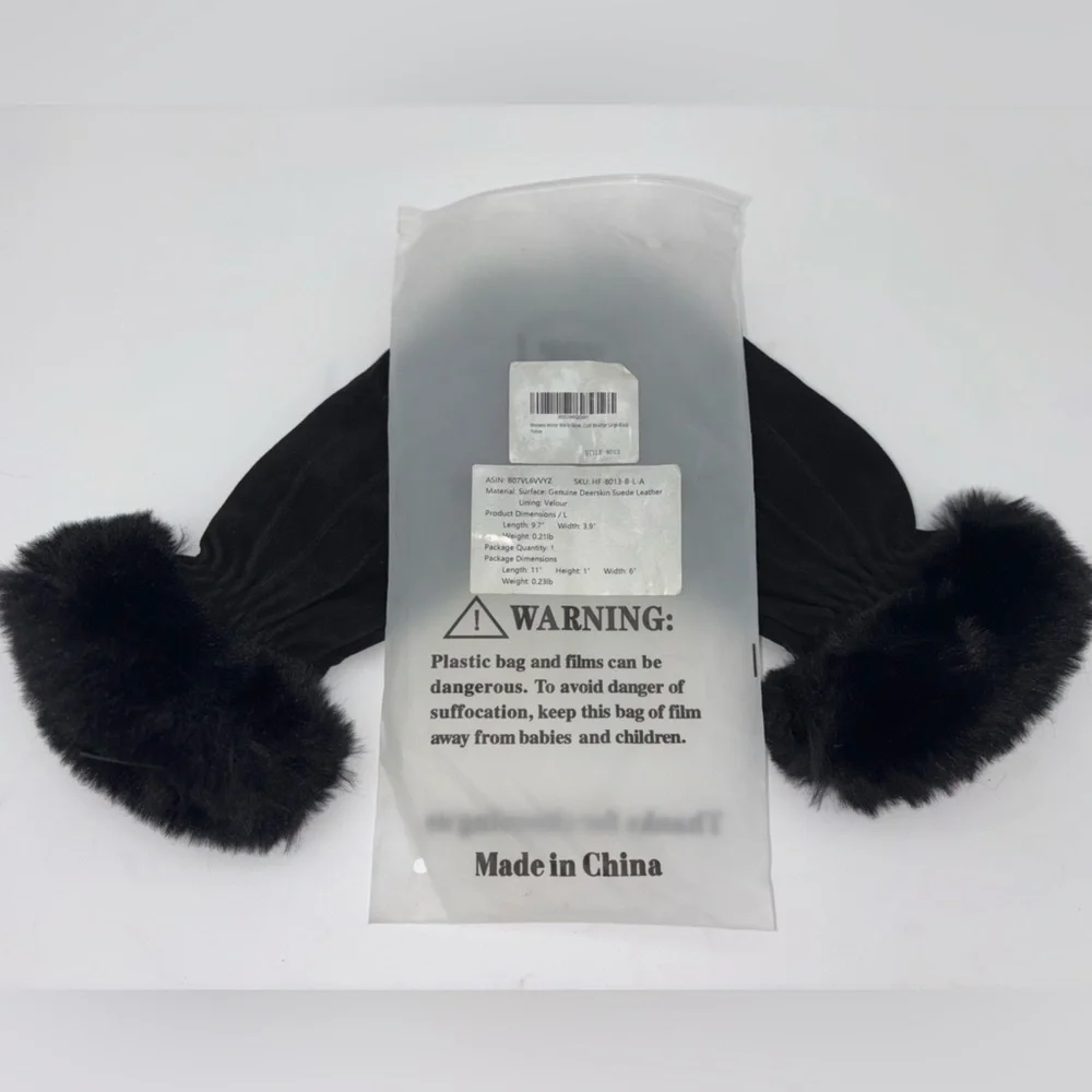 NEW Deer Suede Leather Driving Gloves Skin Faux Fur Cuff Black‎ Touchscreen Wool